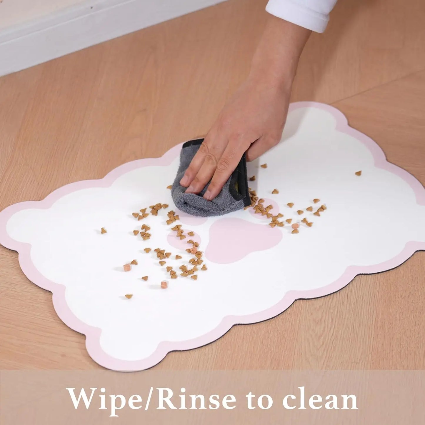Scalloped Dog Feeding Mat, Absorbent Pet Placemat for Food and Water Bowls, Cute Aesthetic Pastel Pink, 14x19 Inches