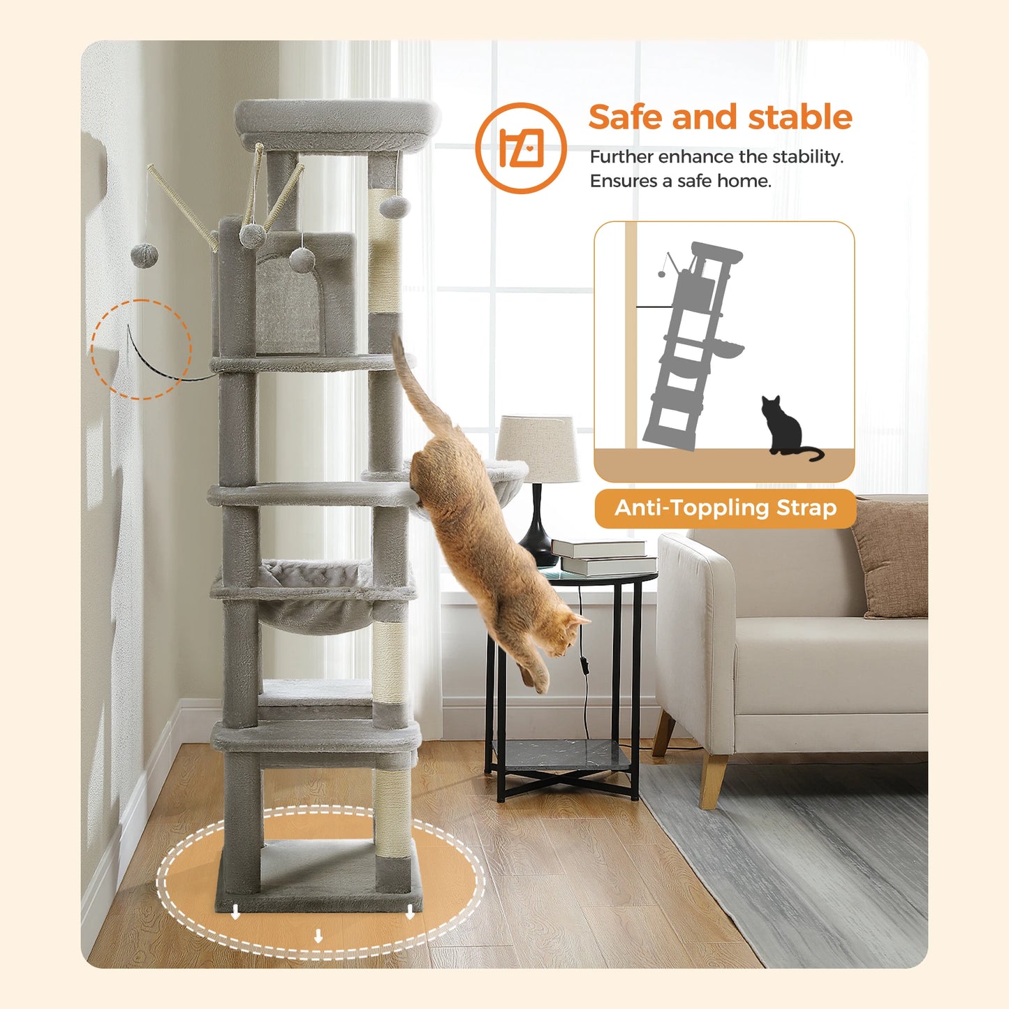 Large Cat Tree for Indoor Large Cats Tall Cat Tower for Fat Cats with Super Big Hammock, Cat Climbing Trees with Scratching Post