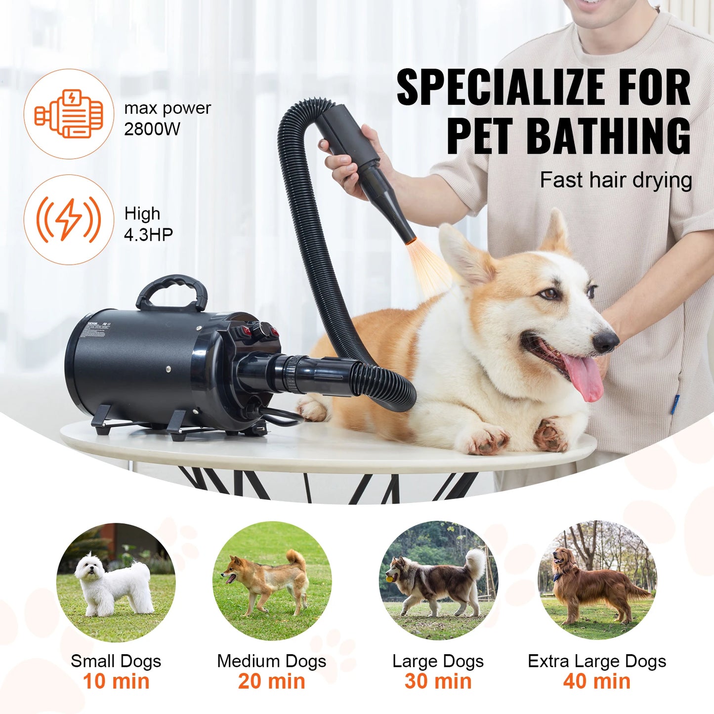 SucceBuy 2000W/2.7HP Dog Blow Dryer Adjustable Speed Temperature Control with 4 Nozzle and Extendable Hose for Pet Hair Grooming