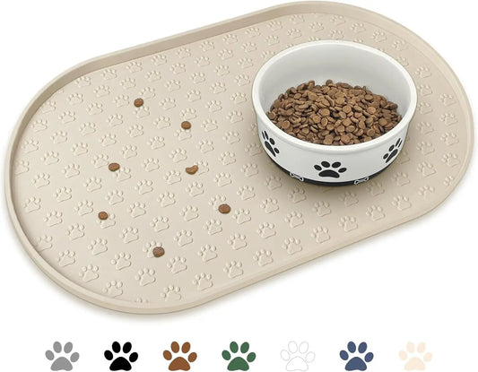 Silicone Pet Feeding Mat, Non-Slip Waterproof Dog Bowl Tray with High Lips, Beige 12x19 inch