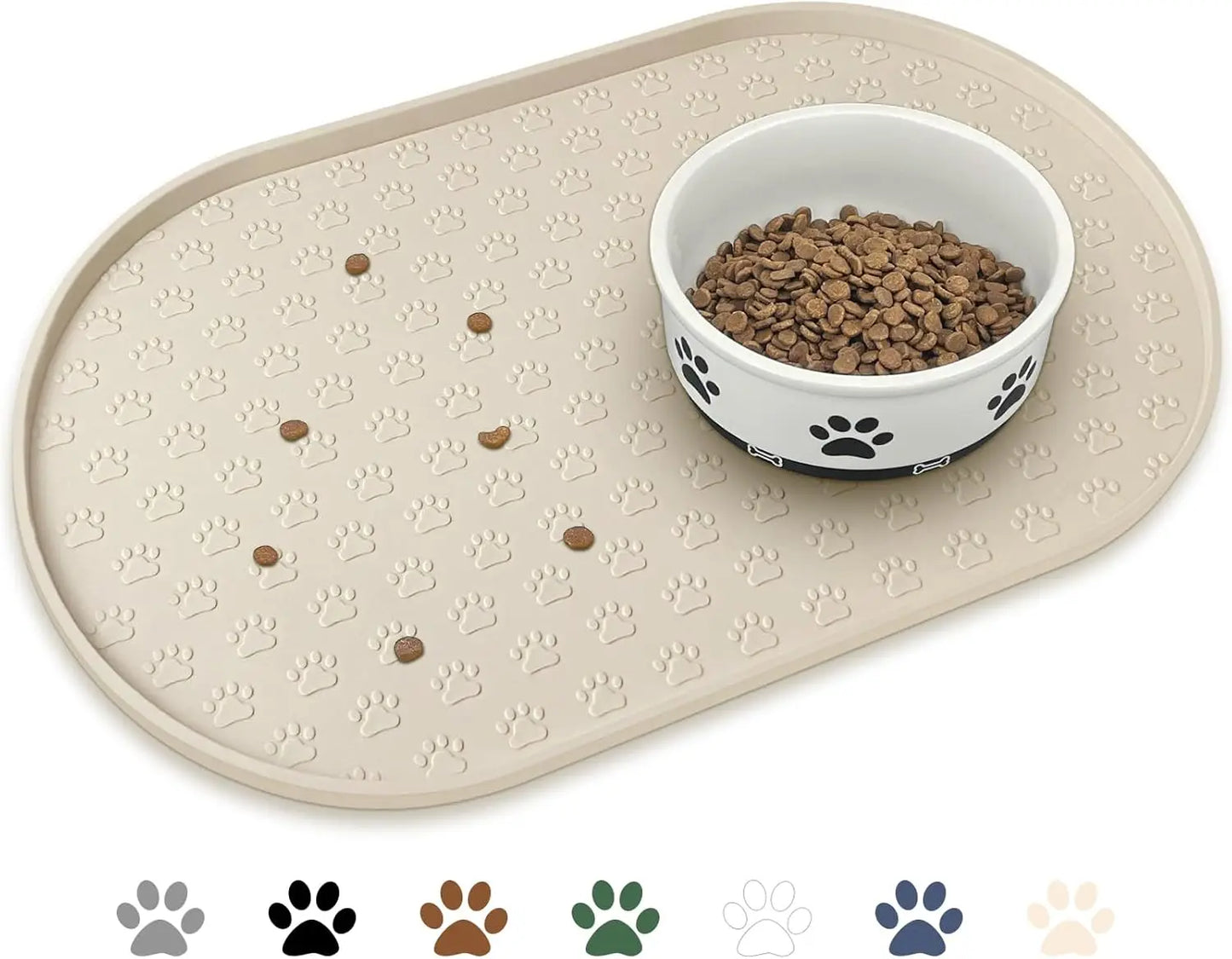 Silicone Pet Feeding Mat, Non-Slip Waterproof Dog Bowl Tray with High Lips, Beige 12x19 inch
