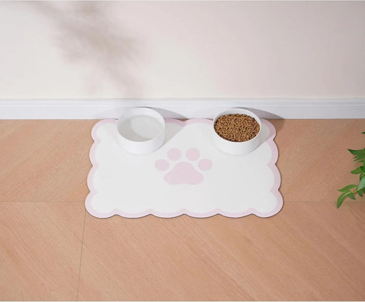 Scalloped Dog Feeding Mat, Absorbent Pet Placemat for Food and Water Bowls, Cute Aesthetic Pastel Pink, 14x19 Inches