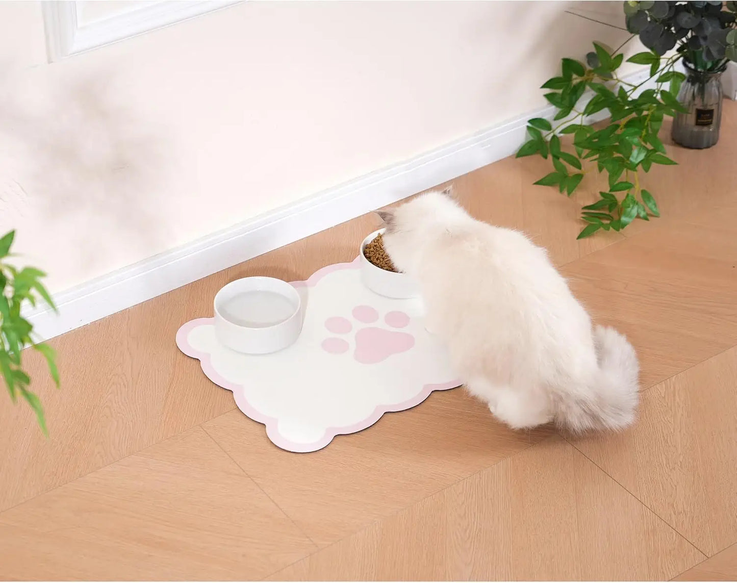 Scalloped Dog Feeding Mat, Absorbent Pet Placemat for Food and Water Bowls, Cute Aesthetic Pastel Pink, 14x19 Inches