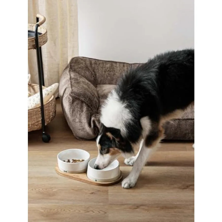 Ceramic Dog Bowls for Medium and Small Dogs - 3.2 Cup Weighted Non-Slip Food and Water Bowls with Acacia Wood Tray Pet Bowl Set