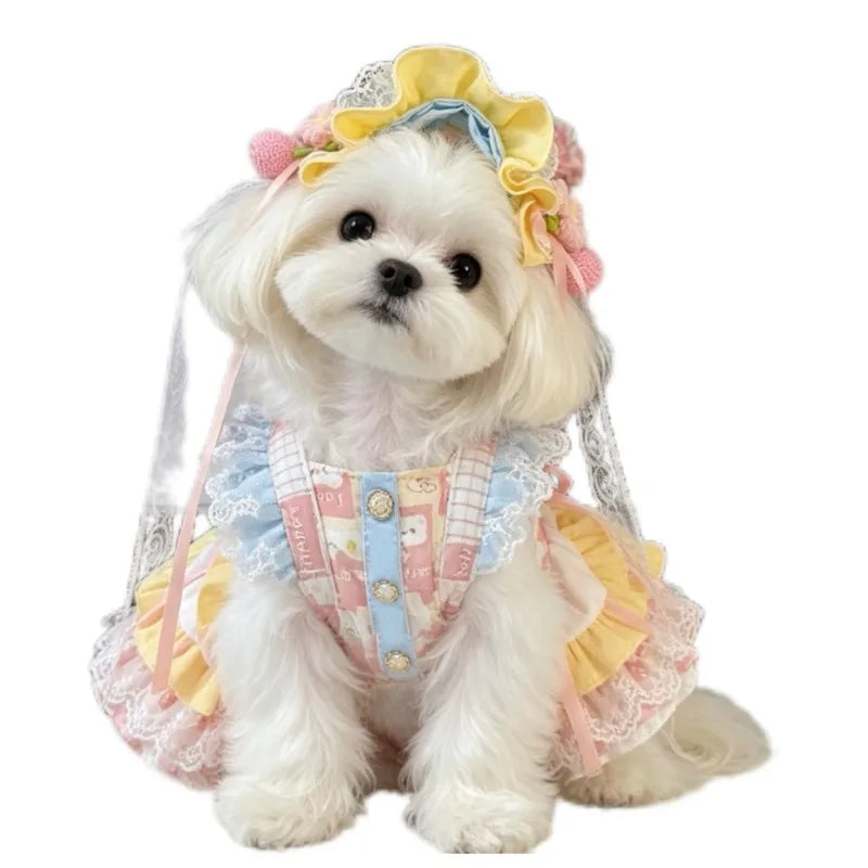 Sweet Lolita Style Pet Dress with Peach Embroidery and Ruffle Lace Bow Decor Sling Princess Outfit for Small Pets Puppy Clothes