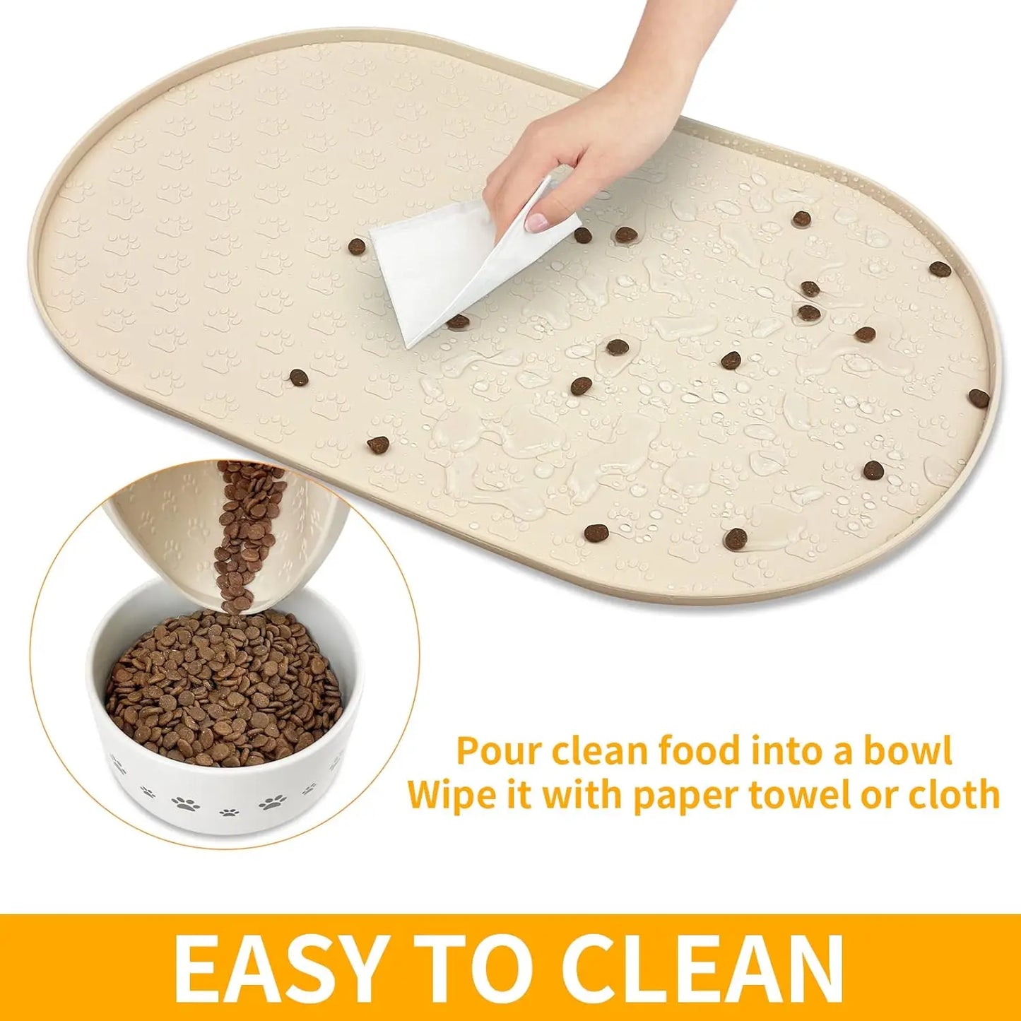 Silicone Pet Feeding Mat, Non-Slip Waterproof Dog Bowl Tray with High Lips, Beige 12x19 inch