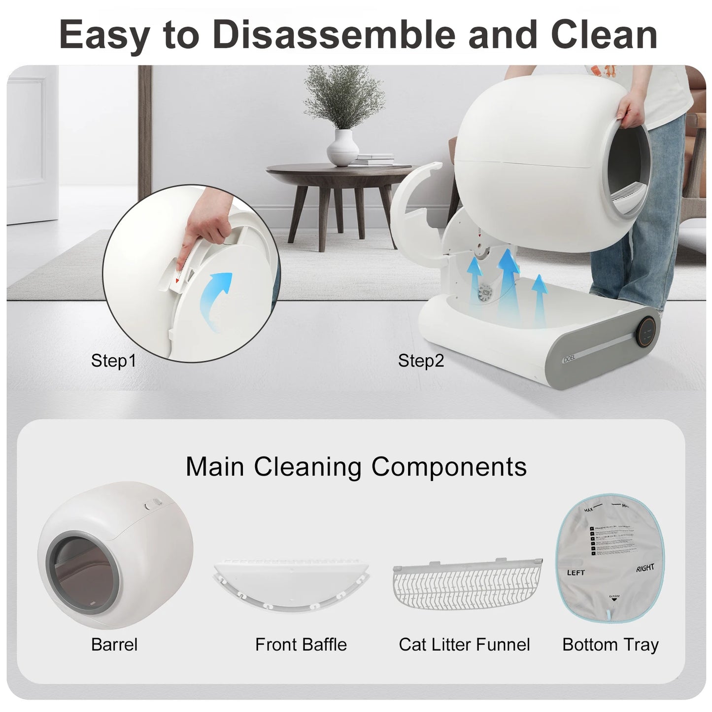 DOEL Self Cleaning Cat Litter Box 65L Automatic Cat Litter Box w/ Trash Bag & Litter Mat Smart Cat Toilet App Control 2.4G WiFi