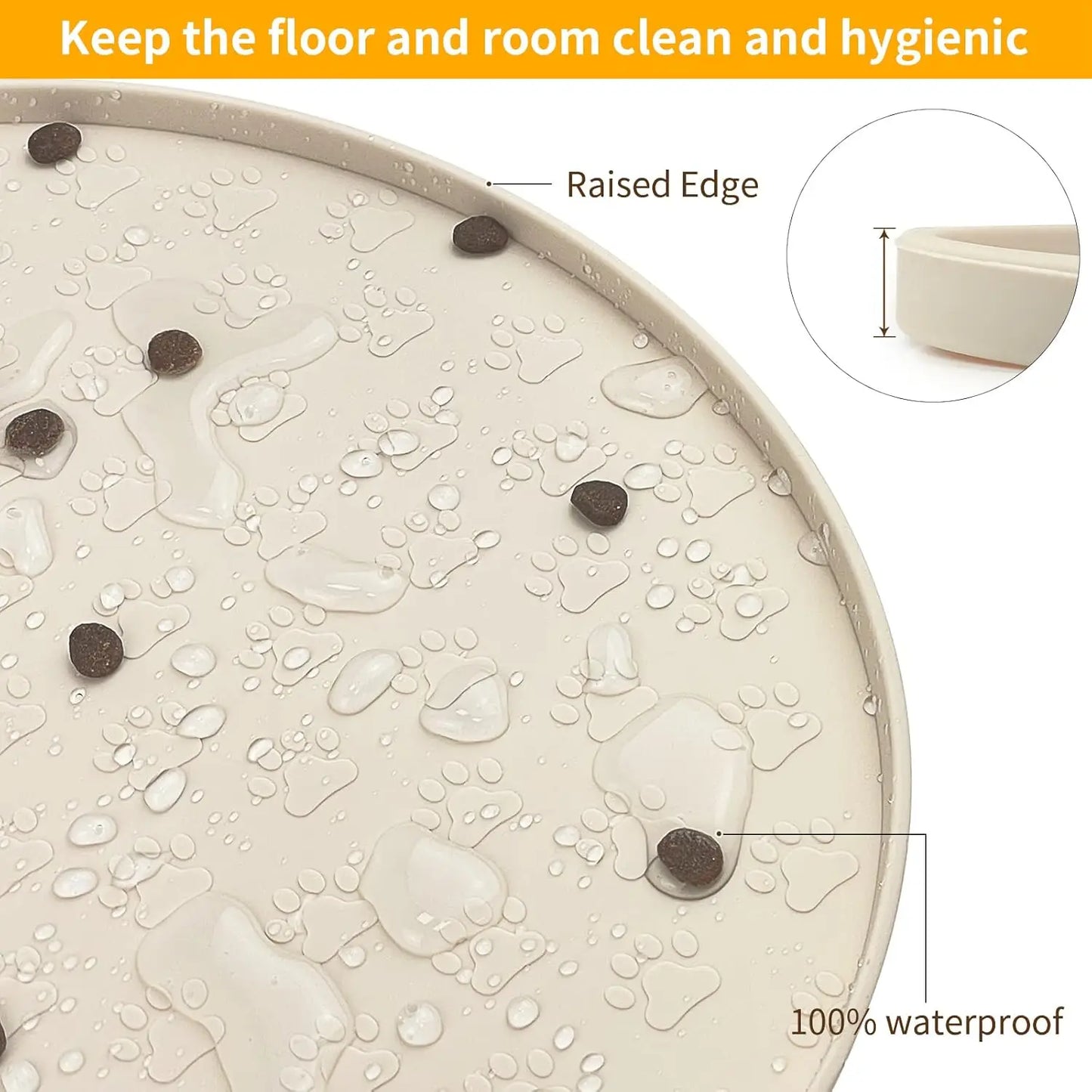 Silicone Pet Feeding Mat, Non-Slip Waterproof Dog Bowl Tray with High Lips, Beige 12x19 inch