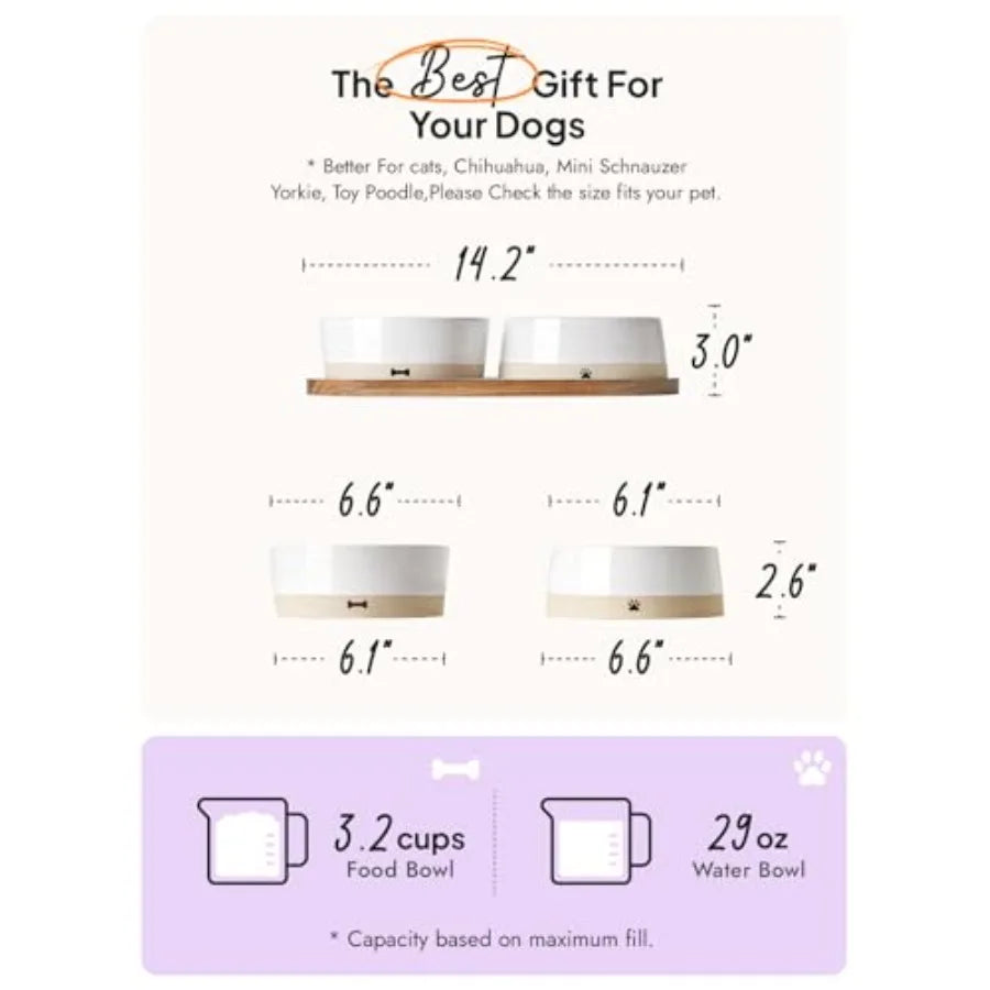 Ceramic Dog Bowls for Medium and Small Dogs - 3.2 Cup Weighted Non-Slip Food and Water Bowls with Acacia Wood Tray Pet Bowl Set