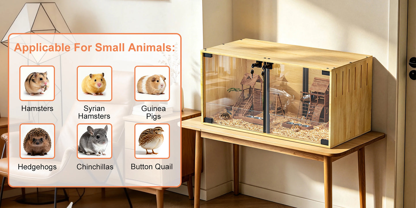 Wooden Hamster Cage Chew-proof Small Animal Habitat Cage with Dual Doors Lock Removable Divider Hedgehogs Enclosure
