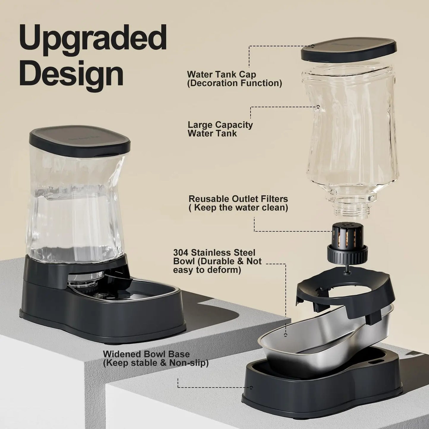 Automatic Pet Water Dispenser with Stainless Steel Bowl, 1 Gallon Gravity Feeder for Dogs Cats