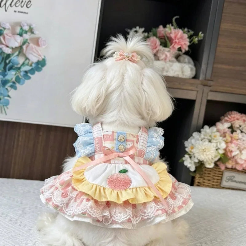 Sweet Lolita Style Pet Dress with Peach Embroidery and Ruffle Lace Bow Decor Sling Princess Outfit for Small Pets Puppy Clothes