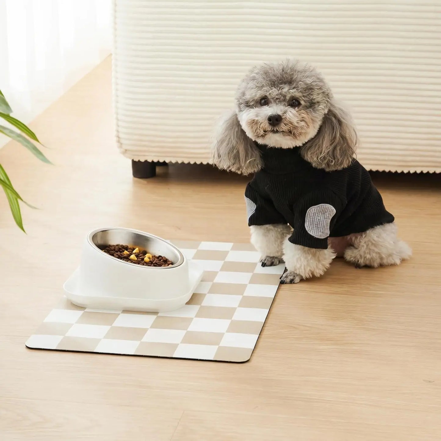 Checkered Dog Feeding Mat, Absorbent Pet Placemat for Food and Water Bowls, Retro Aesthetic Khaki Beige, 12" x 19"