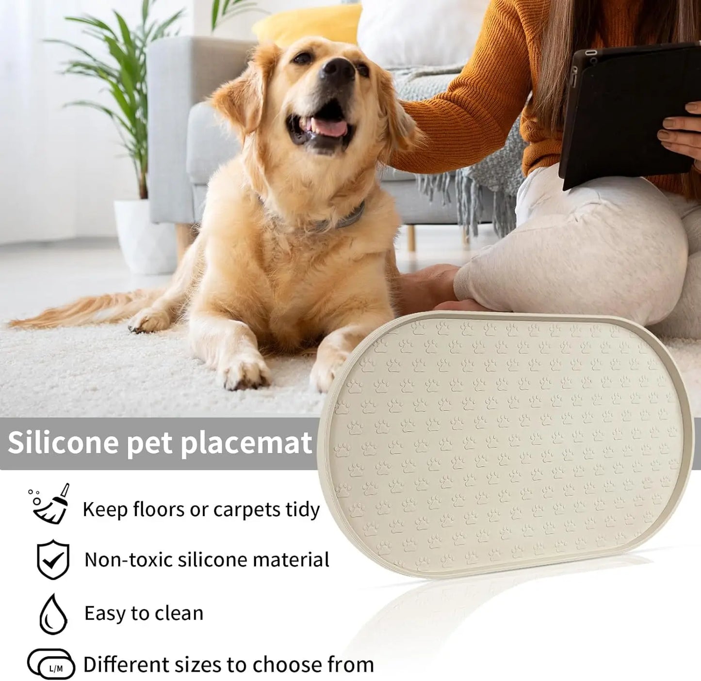 Silicone Pet Feeding Mat, Non-Slip Waterproof Dog Bowl Tray with High Lips, Beige 12x19 inch