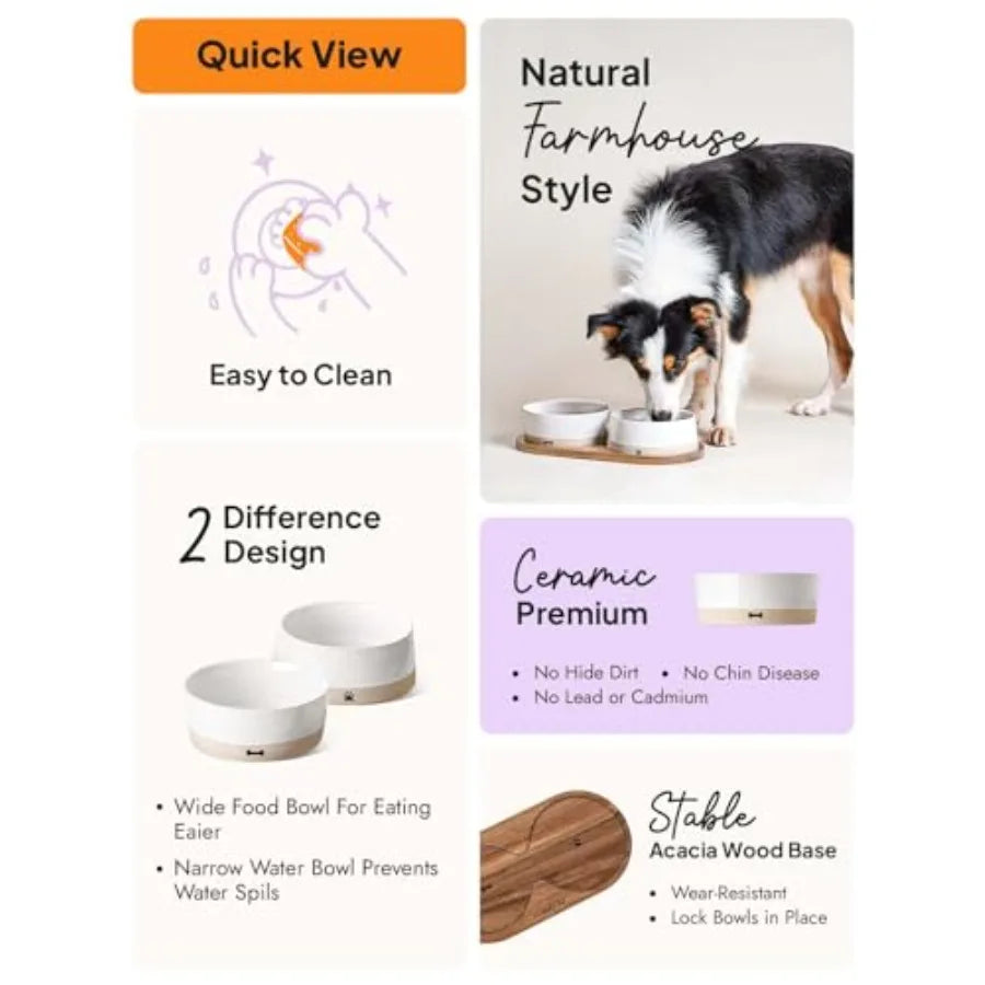 Ceramic Dog Bowls for Medium and Small Dogs - 3.2 Cup Weighted Non-Slip Food and Water Bowls with Acacia Wood Tray Pet Bowl Set