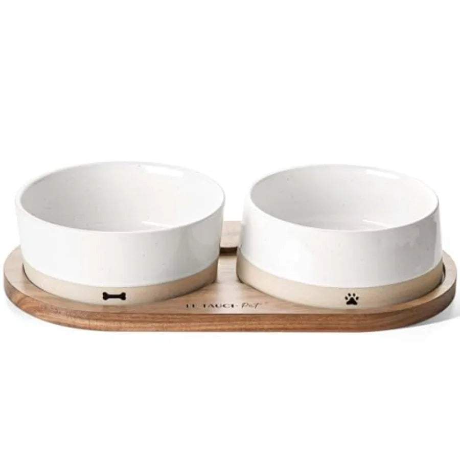 Ceramic Dog Bowls for Medium and Small Dogs - 3.2 Cup Weighted Non-Slip Food and Water Bowls with Acacia Wood Tray Pet Bowl Set
