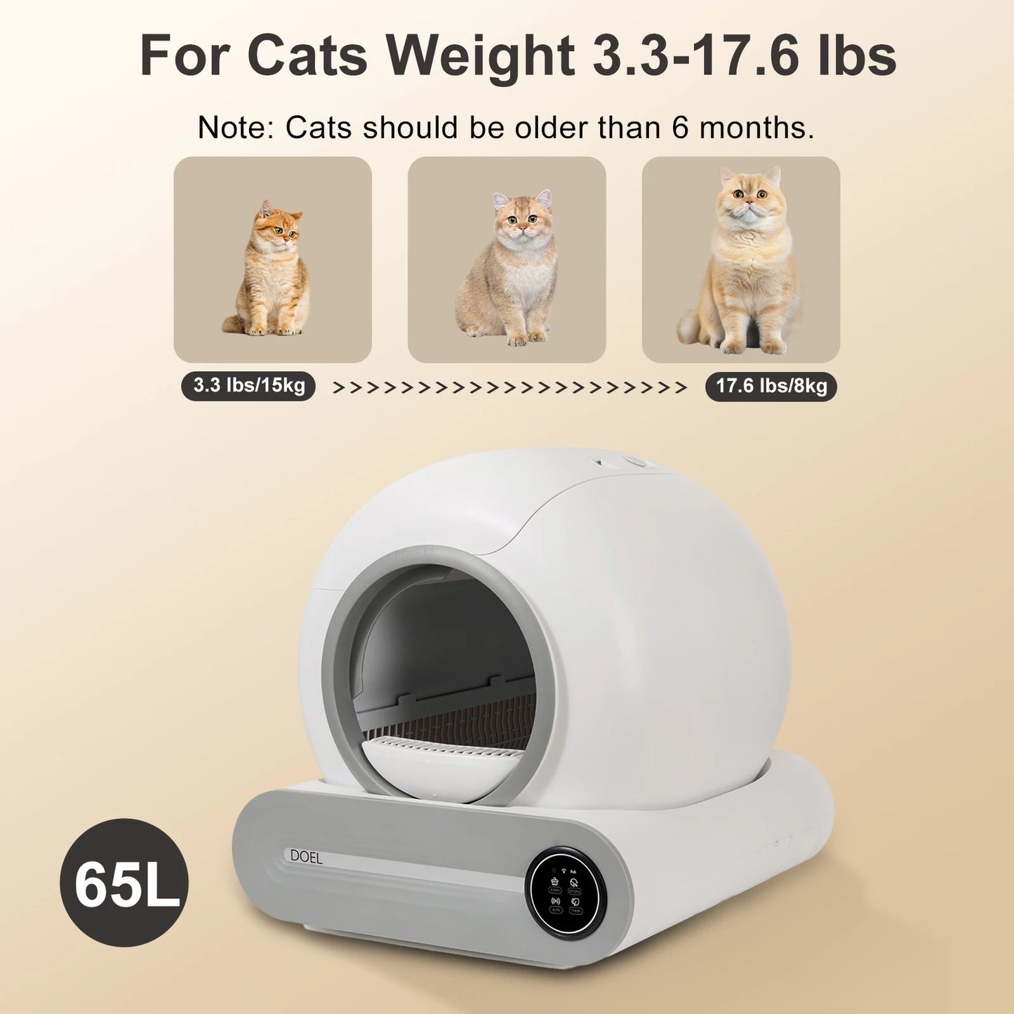 DOEL Self Cleaning Cat Litter Box 65L Automatic Cat Litter Box w/ Trash Bag & Litter Mat Smart Cat Toilet App Control 2.4G WiFi