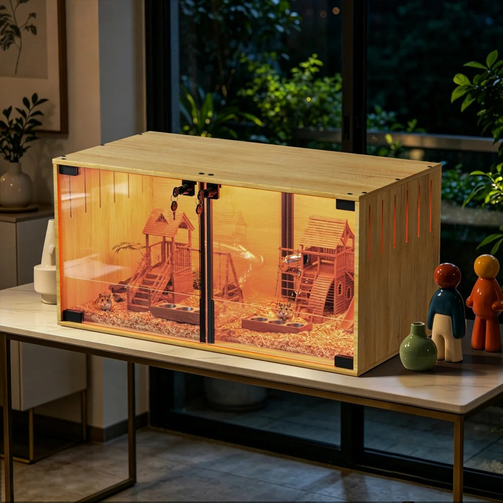 Wooden Hamster Cage Chew-proof Small Animal Habitat Cage with Dual Doors Lock Removable Divider Hedgehogs Enclosure