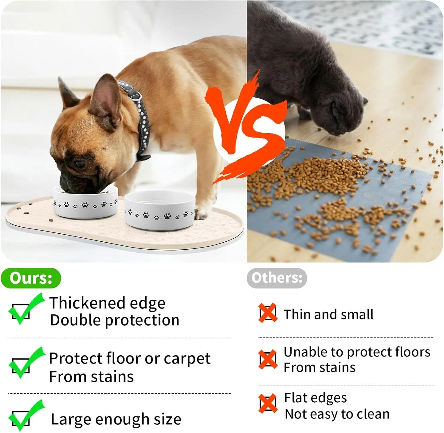 Silicone Pet Feeding Mat, Non-Slip Waterproof Dog Bowl Tray with High Lips, Beige 12x19 inch