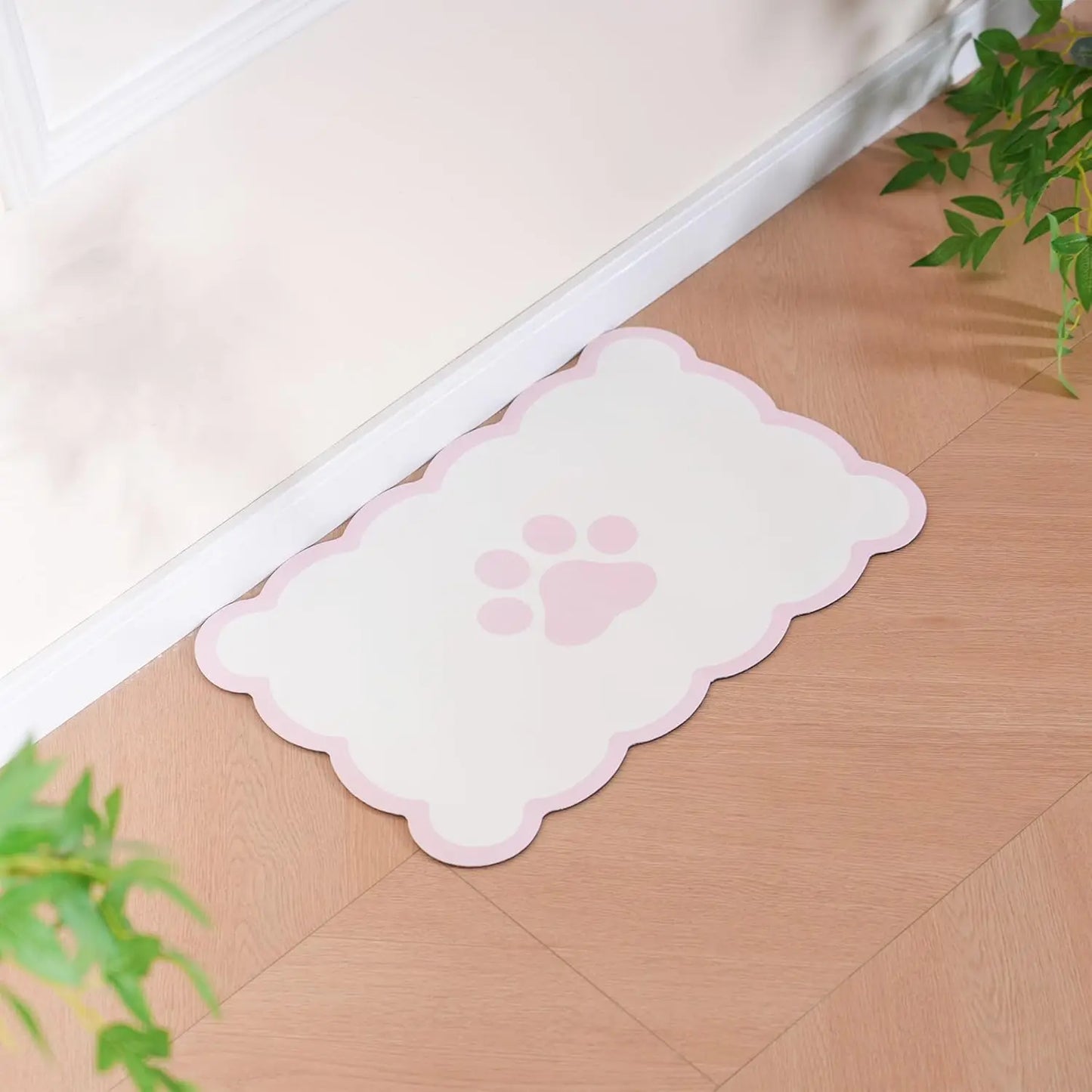 Scalloped Dog Feeding Mat, Absorbent Pet Placemat for Food and Water Bowls, Cute Aesthetic Pastel Pink, 14x19 Inches