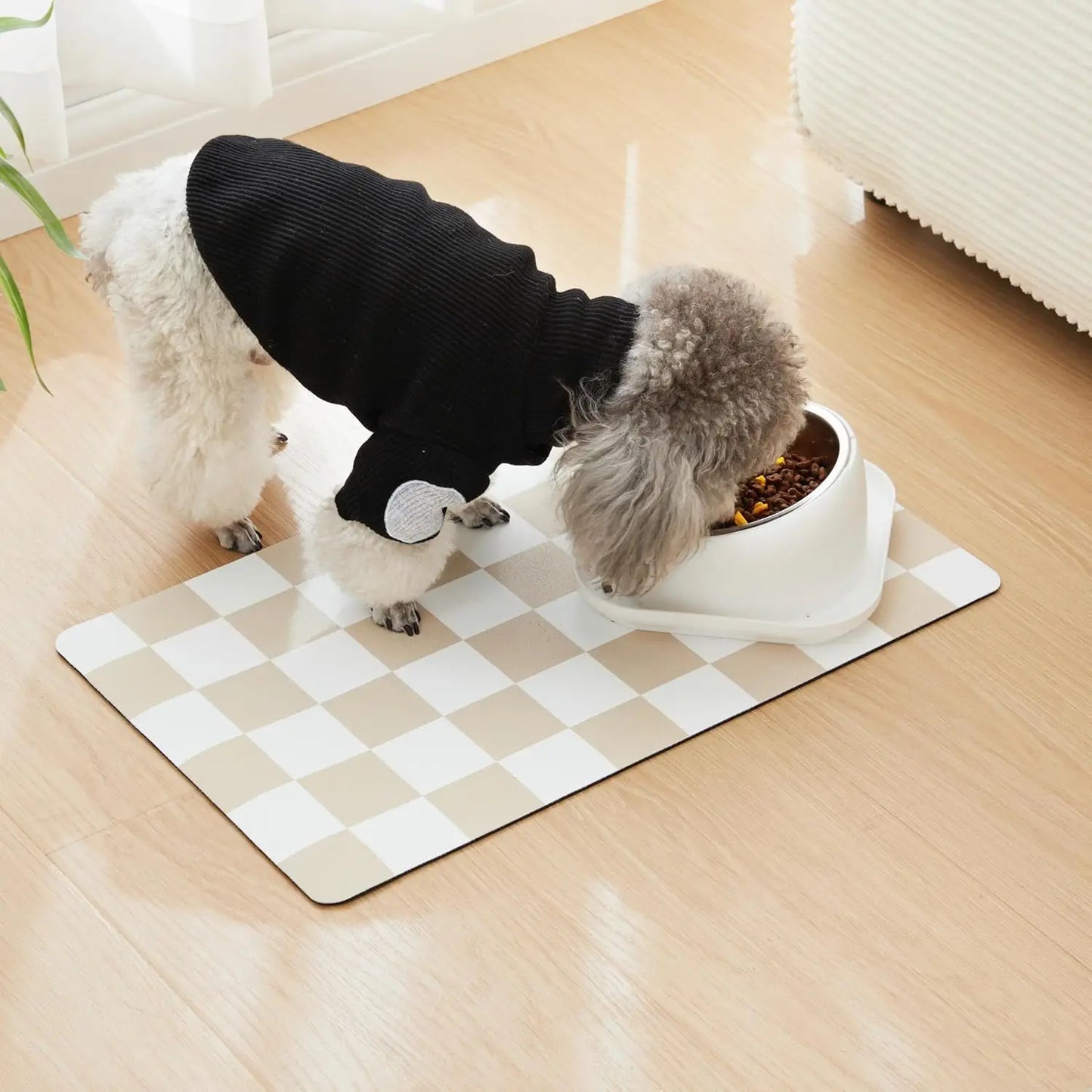 Checkered Dog Feeding Mat, Absorbent Pet Placemat for Food and Water Bowls, Retro Aesthetic Khaki Beige, 12" x 19"