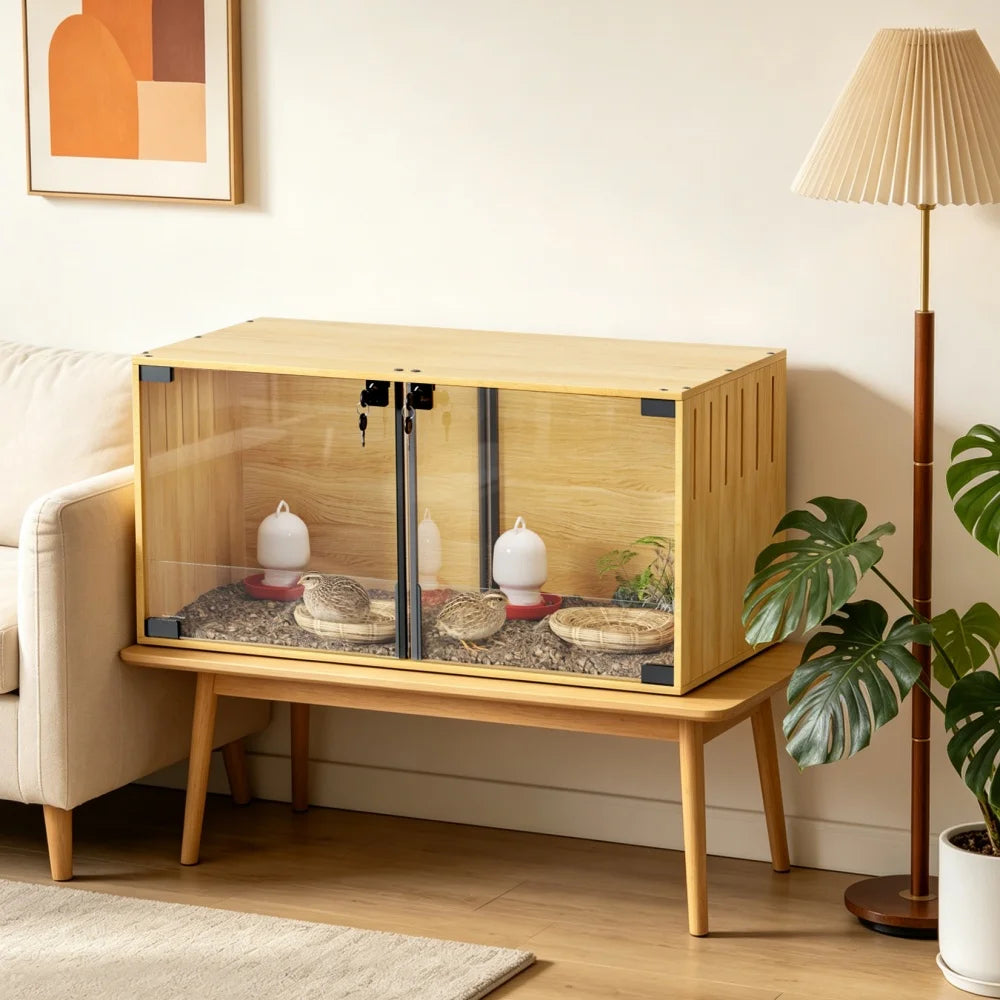 Wooden Hamster Cage Chew-proof Small Animal Habitat Cage with Dual Doors Lock Removable Divider Hedgehogs Enclosure