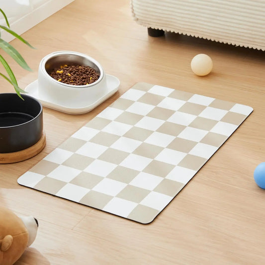 Checkered Dog Feeding Mat, Absorbent Pet Placemat for Food and Water Bowls, Retro Aesthetic Khaki Beige, 12" x 19"