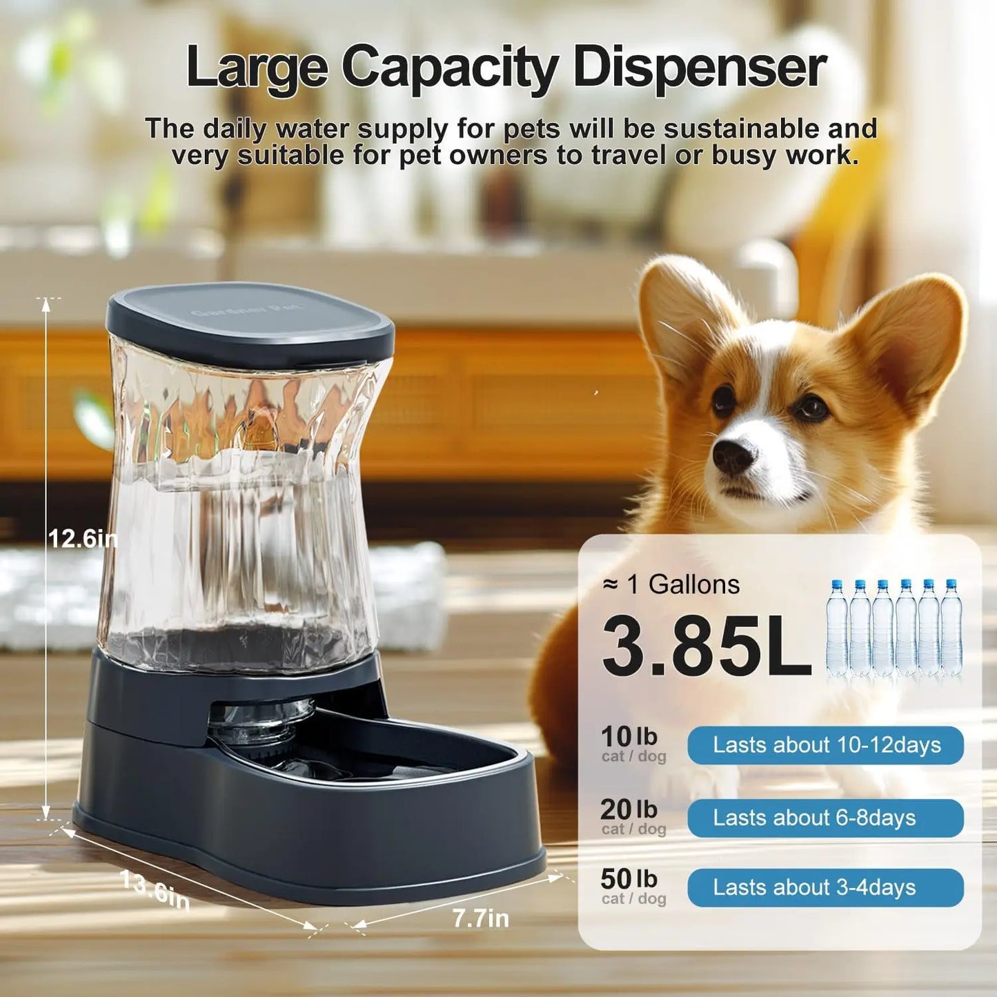 Automatic Pet Water Dispenser with Stainless Steel Bowl, 1 Gallon Gravity Feeder for Dogs Cats