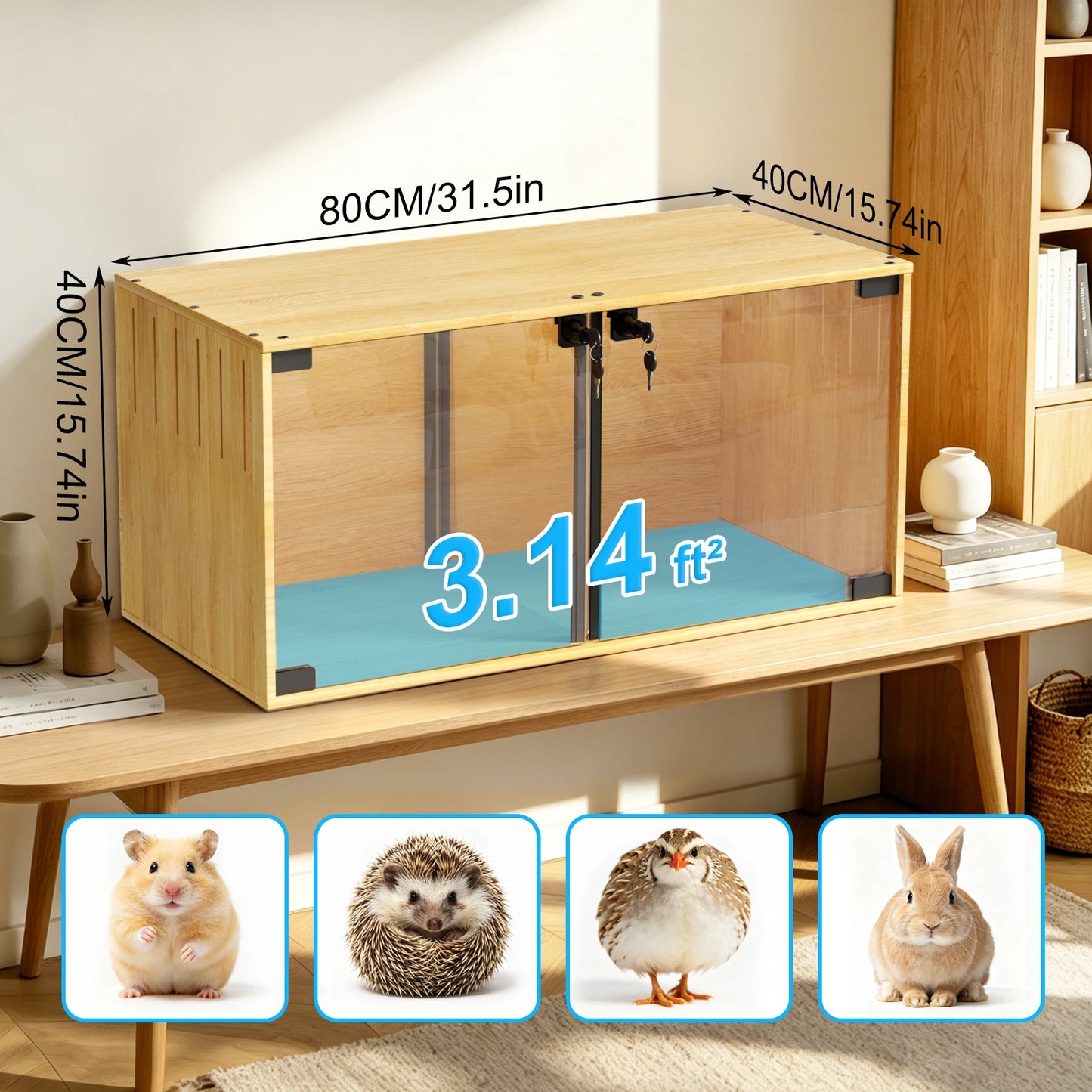 Wooden Hamster Cage Chew-proof Small Animal Habitat Cage with Dual Doors Lock Removable Divider Hedgehogs Enclosure