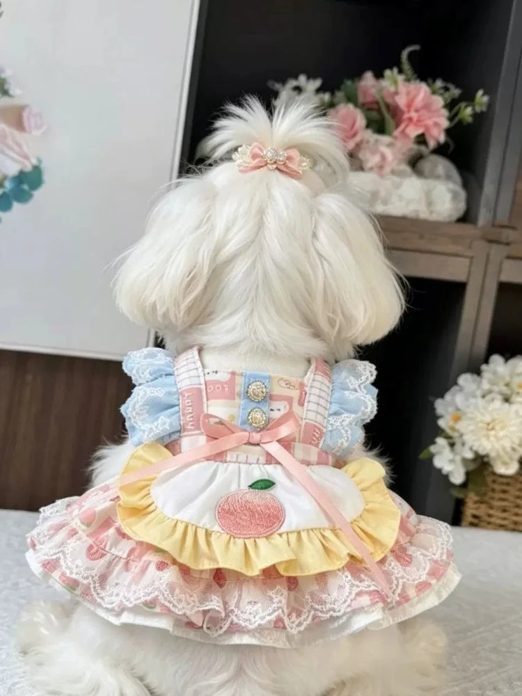 Sweet Lolita Style Pet Dress with Peach Embroidery and Ruffle Lace Bow Decor Sling Princess Outfit for Small Pets Puppy Clothes