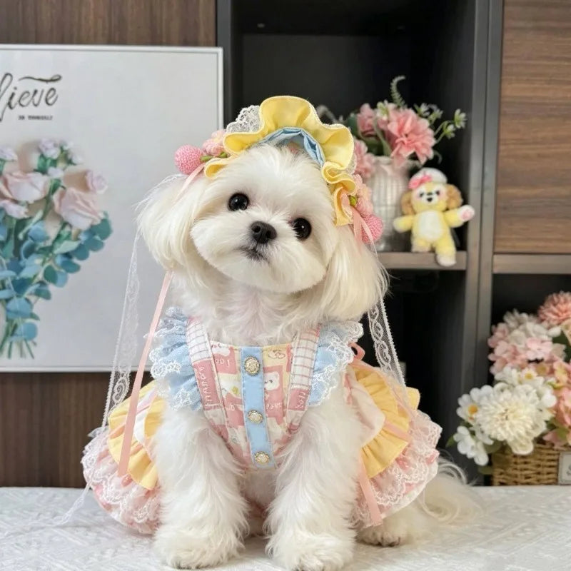 Sweet Lolita Style Pet Dress with Peach Embroidery and Ruffle Lace Bow Decor Sling Princess Outfit for Small Pets Puppy Clothes