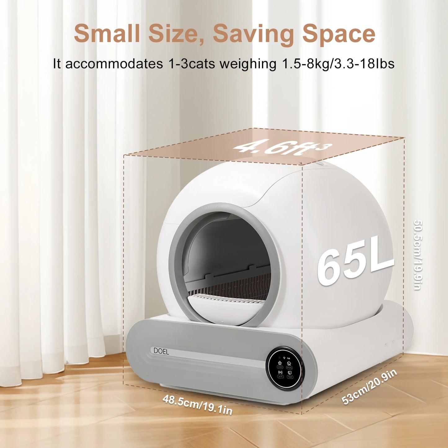 DOEL Self Cleaning Cat Litter Box 65L Automatic Cat Litter Box w/ Trash Bag & Litter Mat Smart Cat Toilet App Control 2.4G WiFi