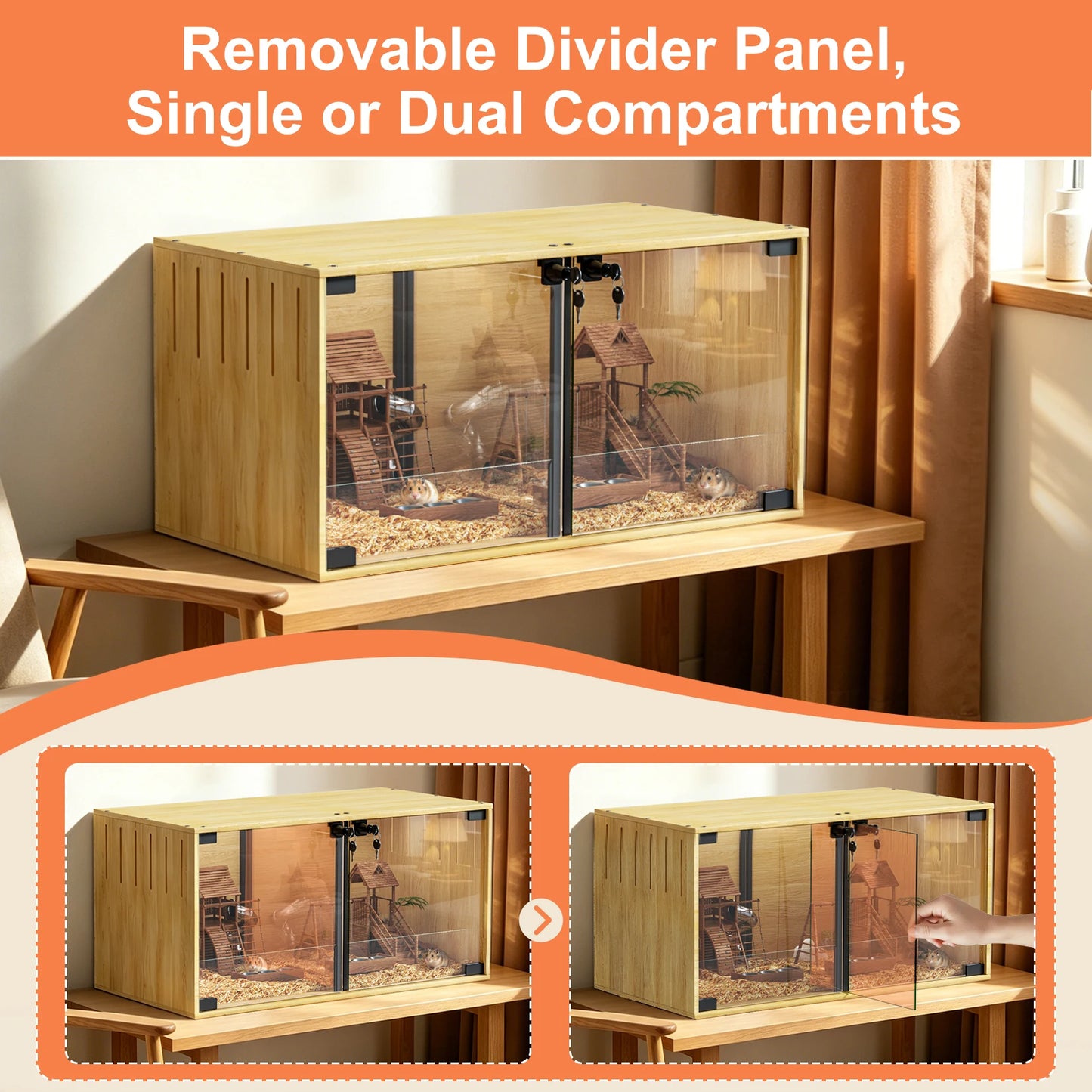 Wooden Hamster Cage Chew-proof Small Animal Habitat Cage with Dual Doors Lock Removable Divider Hedgehogs Enclosure