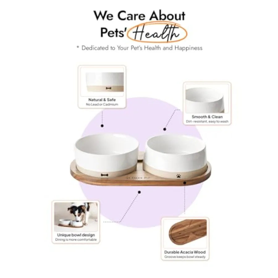 Ceramic Dog Bowls for Medium and Small Dogs - 3.2 Cup Weighted Non-Slip Food and Water Bowls with Acacia Wood Tray Pet Bowl Set