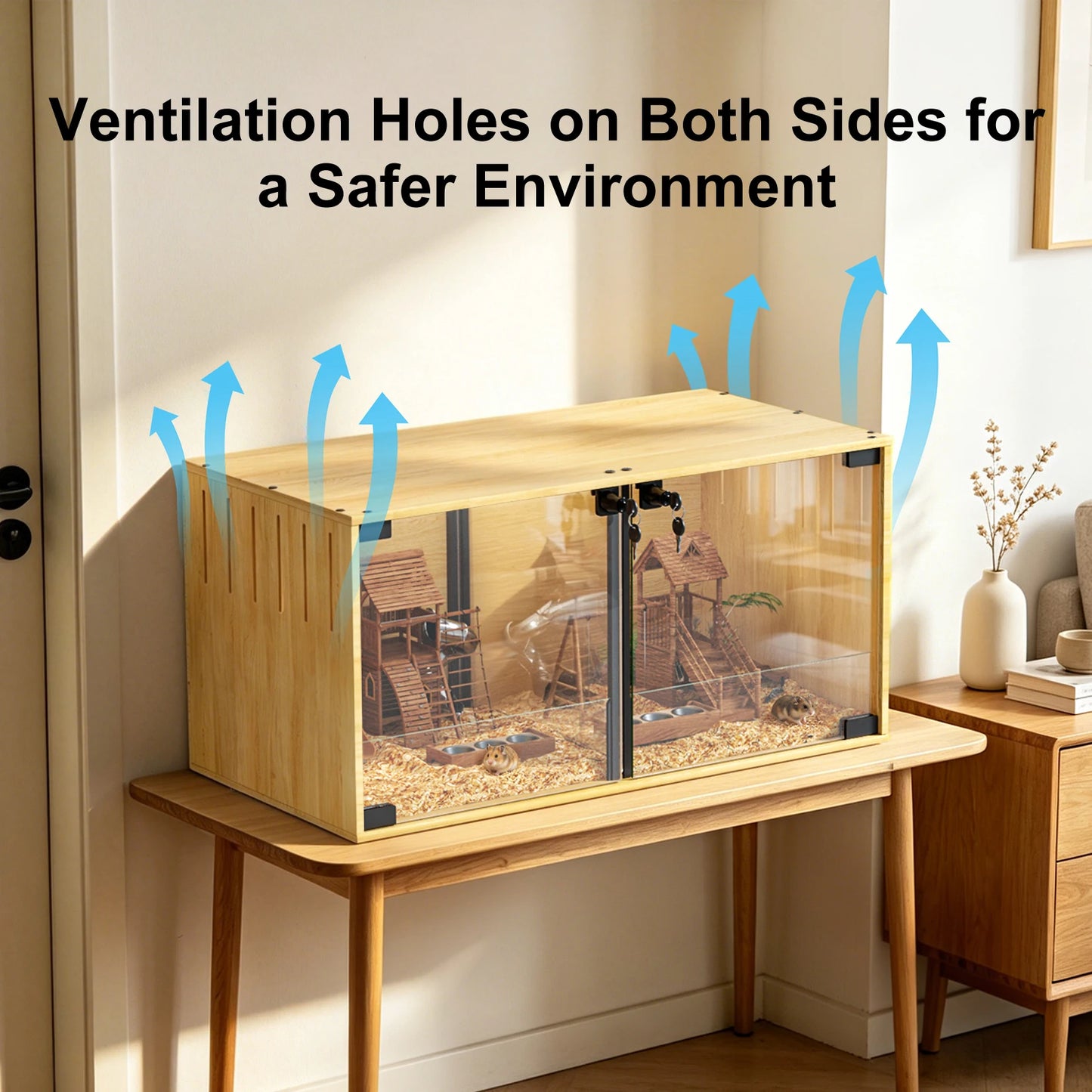 Wooden Hamster Cage Chew-proof Small Animal Habitat Cage with Dual Doors Lock Removable Divider Hedgehogs Enclosure
