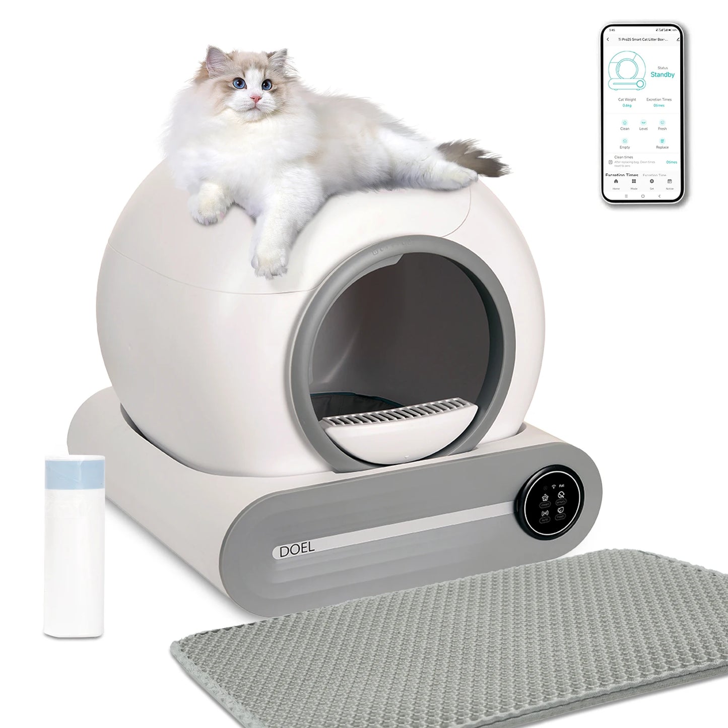 DOEL Self Cleaning Cat Litter Box 65L Automatic Cat Litter Box w/ Trash Bag & Litter Mat Smart Cat Toilet App Control 2.4G WiFi