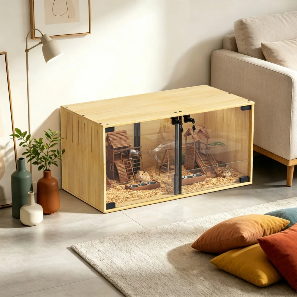 Wooden Hamster Cage Chew-proof Small Animal Habitat Cage with Dual Doors Lock Removable Divider Hedgehogs Enclosure