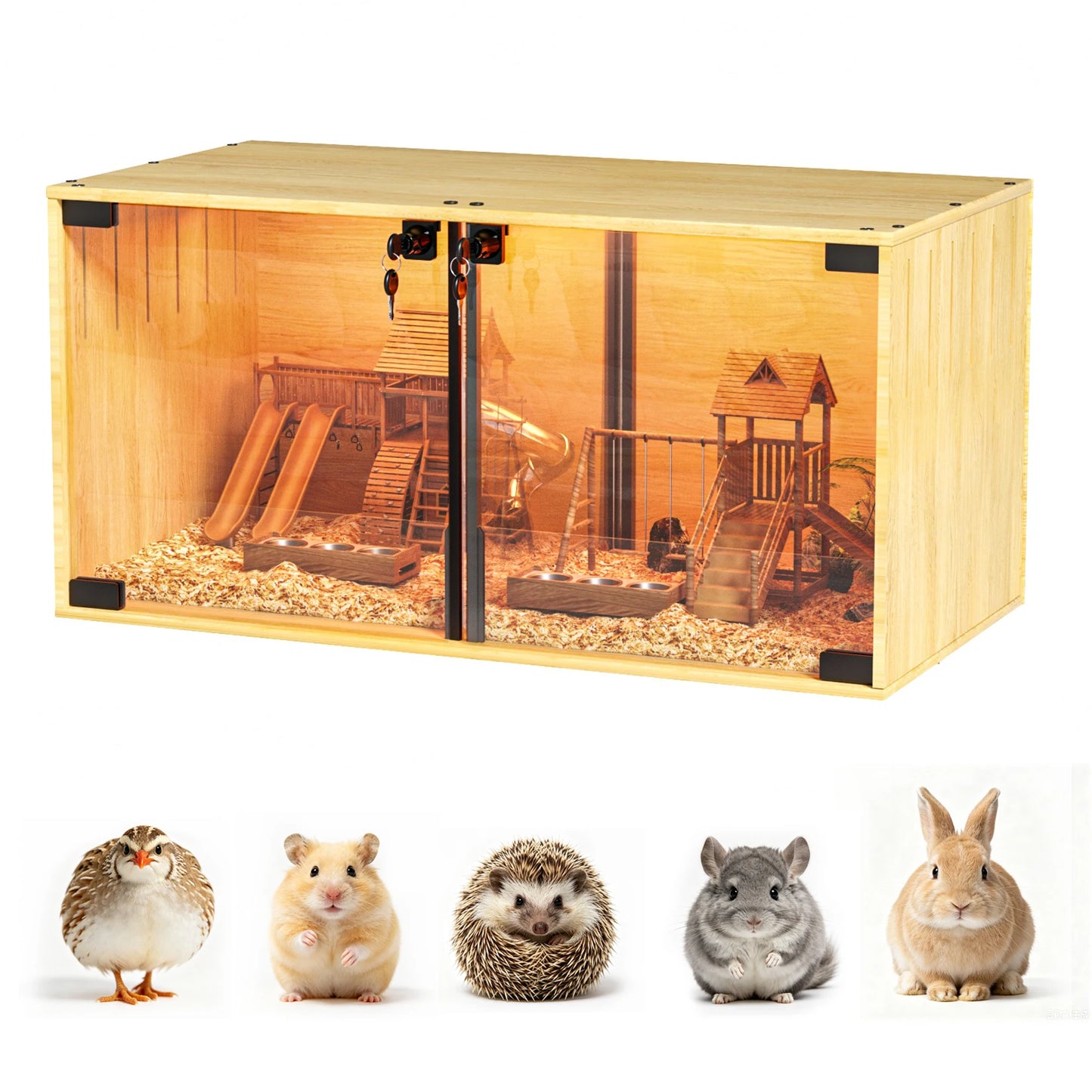 Wooden Hamster Cage Chew-proof Small Animal Habitat Cage with Dual Doors Lock Removable Divider Hedgehogs Enclosure
