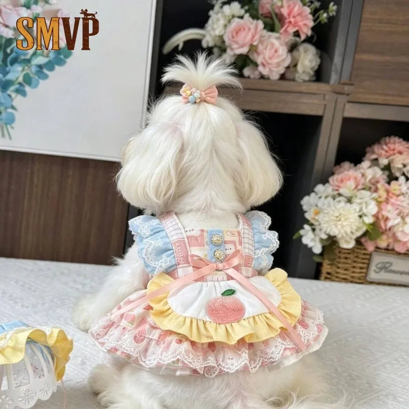Sweet Lolita Style Pet Dress with Peach Embroidery and Ruffle Lace Bow Decor Sling Princess Outfit for Small Pets Puppy Clothes